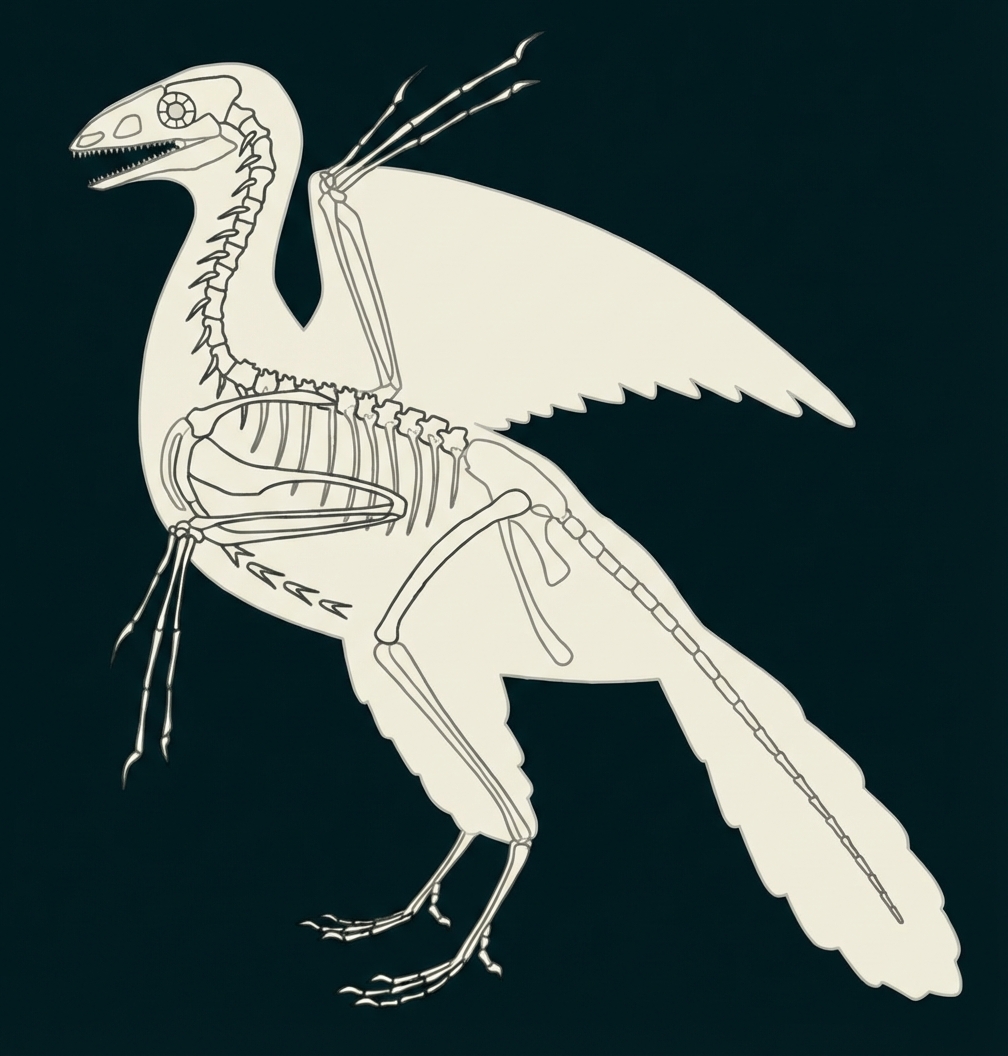 Schematische Darstellung: Skelett eines gefiederten Dinosauriers (Archaeopteryx-ähnlich) vor Umriss von Flügeln und Schwanzfedern.